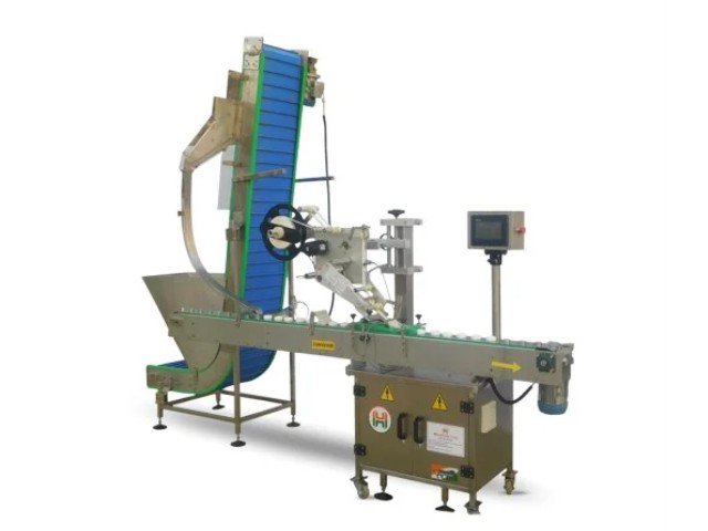 top side labeling machine with elevator conveyor